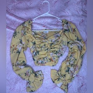 Floral Yellow Blouse with Ruched Detail